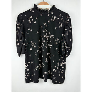 Women's CeCe Floral Print Ruffle Neck Top Black/White Size XL